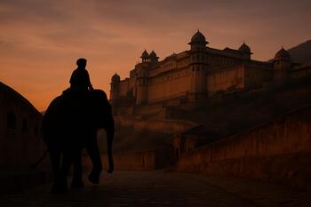 Amber Fort approach at evening with an elephant silhouette