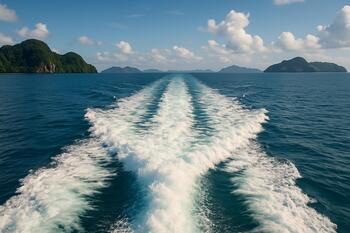 Ferry wake foaming bright in the Andaman Sea