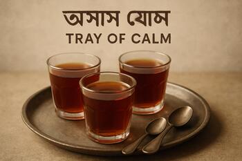 Small glass cups of Assam tea on a metal tray with spoons