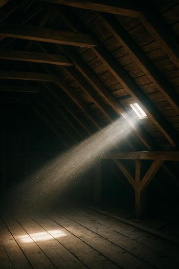 Attic rafters with a ribbon of light across dust motes