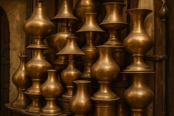 Brass lamps stacked in a bazaar stall