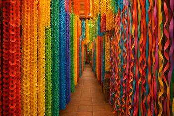 Paper garlands and ribbons in a narrow bazaar aisle