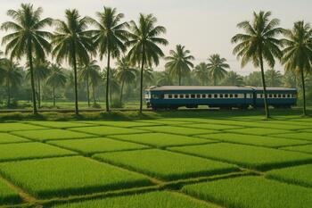 Green Bengal paddy quilt with a slow train beyond palms