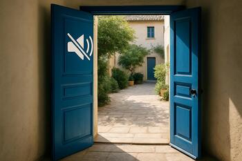 Blue door opening onto a quiet courtyard