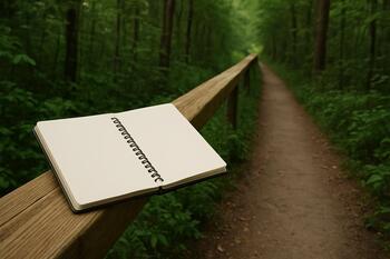 Notebook placed on a cedar rail along a narrow path