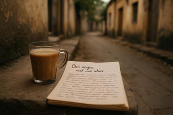 Cup of chai beside handwritten notes in a quiet lane