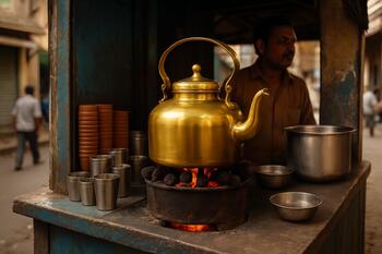 Street chai stall with brass kettle shining over coal stove