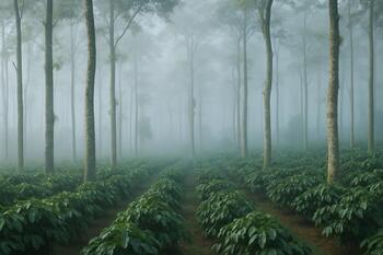 Coffee estate in Coorg with mist among silver oaks