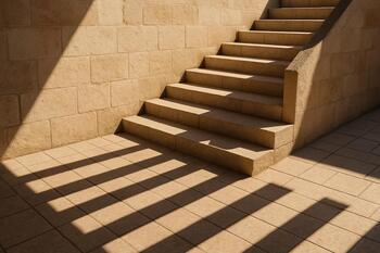 Courtyard stairs casting sharp shadows across stone