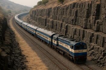 Long Deccan curve with carriages snaking past basalt cuts