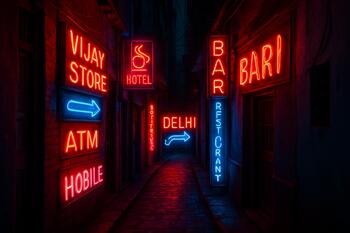 Narrow Delhi lane glowing with scattered neon signs