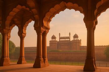 Arched view near the Red Fort, Delhi—warm sandstone and sky