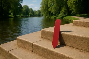 Bookmark resting on steps with river beyond