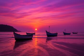 Violet sunset over Baga Beach with small fishing boats