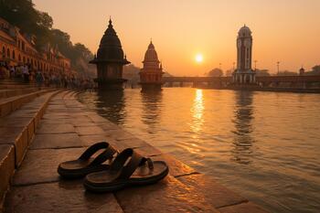 Haridwar ghat at sunrise with sandals drying on a step