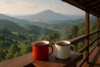 Hill veranda with enamel cups of tea on a rail