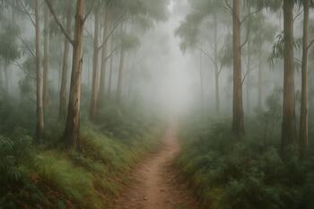 Narrow hill path dissolving into eucalyptus mist