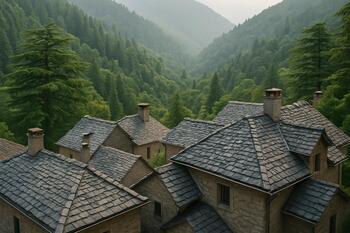Cluster of slate roofs above a cedar valley
