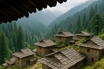Stone-roof village above a cedar valley in Himachal