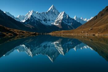 Mirror-blue high mountain lake under serrated snow peaks