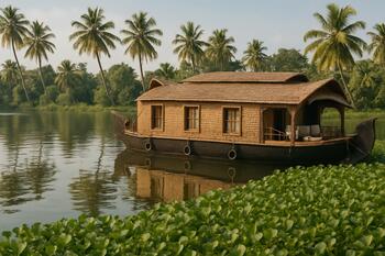 Quiet houseboat moored beside water hyacinth