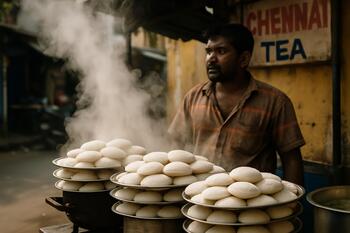Steam rising from idli plates at a street stall