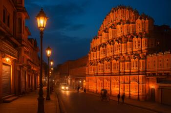 Amber-toned street near Hawa Mahal with evening lamps