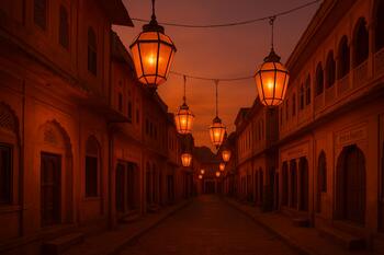 Amber lanterns hanging over a Jaipur lane at dusk