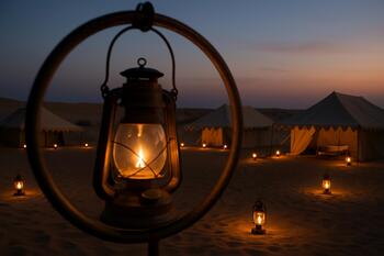 Jaisalmer desert camp with small lanterns and low tents