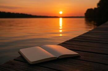 Notebook resting on a wooden jetty at sunset