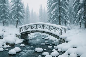 Snow-bright footbridge over a cold stream in Kashmir