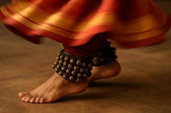 Kathak ghungroo close-up, feet blurring in a spin