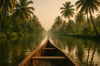 Canoe gliding through palm-lined Kerala backwaters