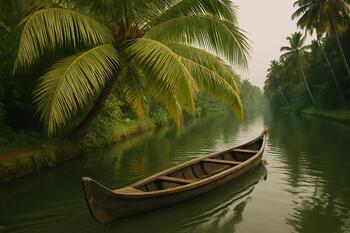 Canoe sliding under palm shade on a Kerala canal