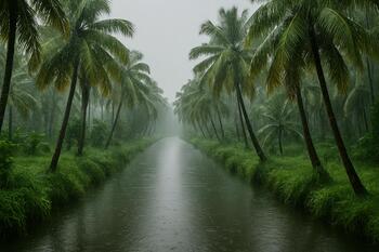 Monsoon canal in Kerala, palms rinsed clean and quiet