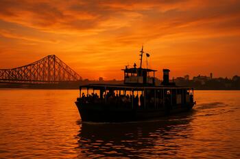 River ferry crossing under late orange sky
