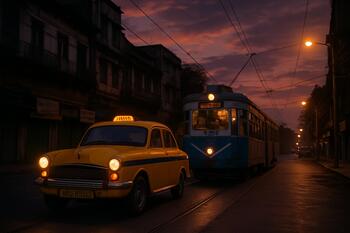 Yellow taxi near a tram under dusky Kolkata sky