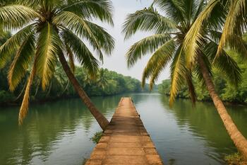 Narrow Konkan jetty with coconut palms leaning into the creek