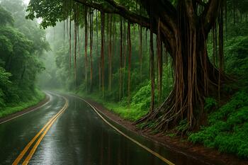 Glossy Konkan roadside with dripping banyan roots