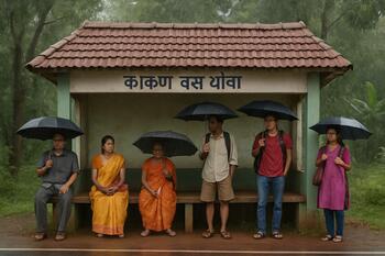People waiting at a Konkan bus stop during soft rain