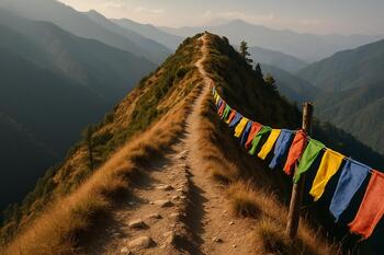 Narrow ridge path with prayer flags in Kumaon