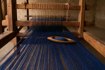 Indigo threads passing through a wooden loom in Kutch