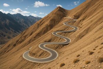 Ribbon road curling across a high Ladakh slope