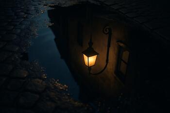 Old lamp reflected in a shallow puddle at night