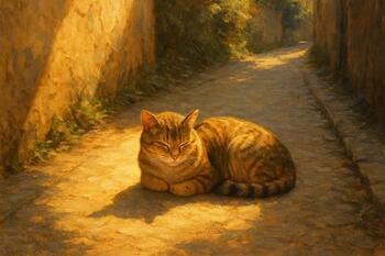 Cat dozing in a sun patch on a lane