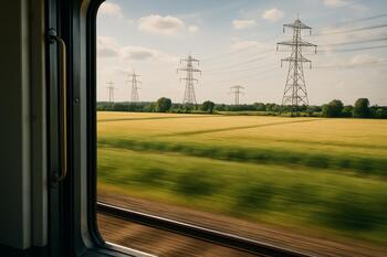 View from a local train door over fields and pylons