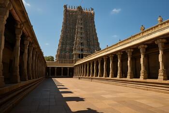 Madurai temple courtyard with long shadows and towering gopuram