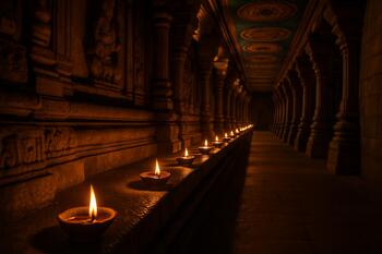 Oil lamps glowing along a temple courtyard corridor