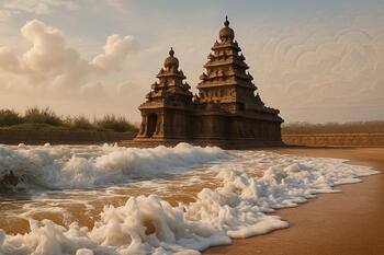 Shore Temple in Mahabalipuram with foamy surf