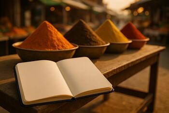 Open notebook at a market stall with spice piles nearby
